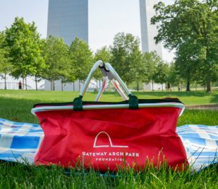 A red picnic basket sits on the green grass at Gateway Arch National Park.