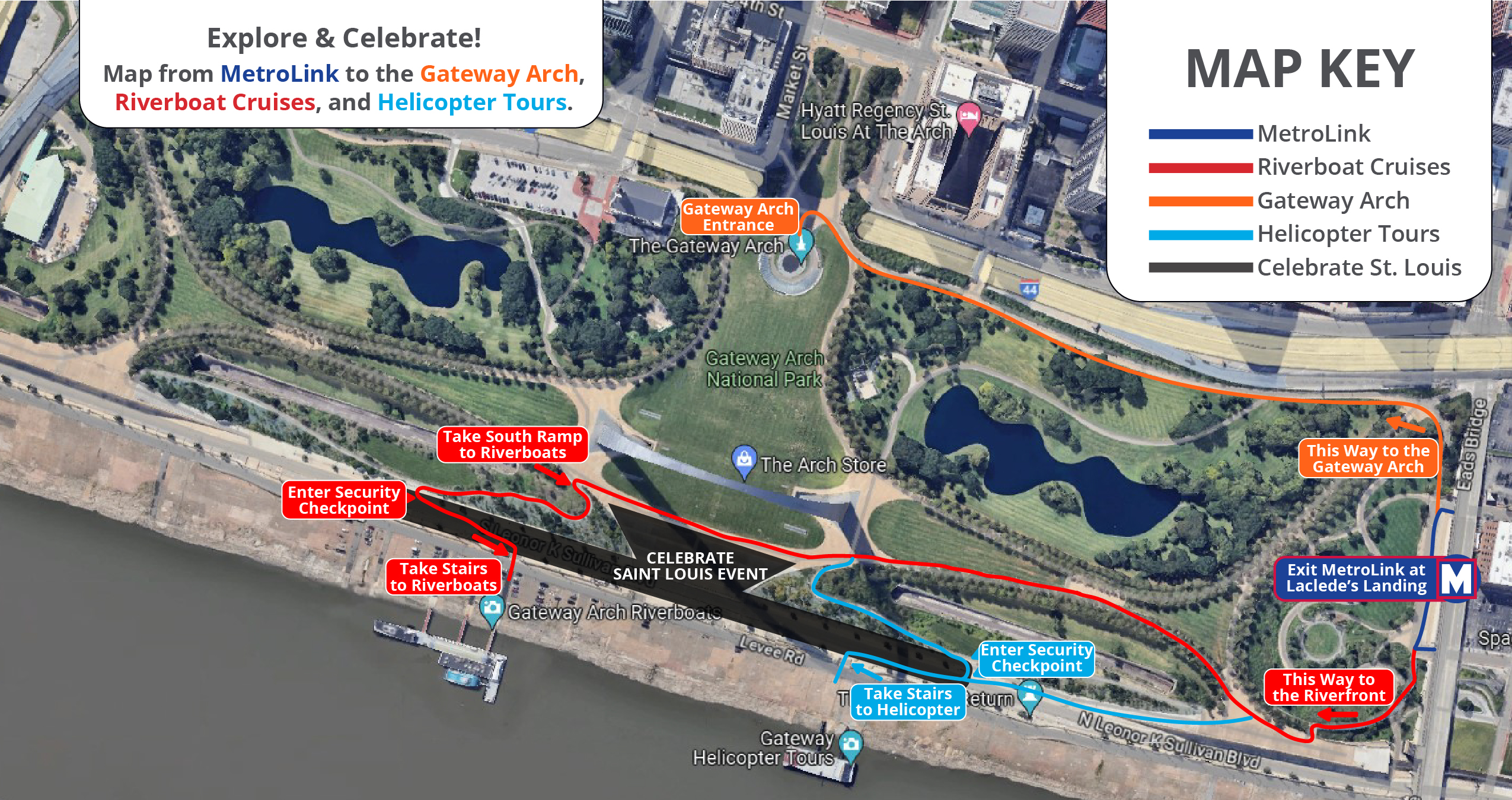 A map of the St. Louis riverfront and Gateway Arch National Park showing the walking routes from the MetroLink station in Laclede's Landing to the Arch visitor Center, Riverboats at the Gateway Arch and Gateway Helicopter Tours. Call our Call Center at (877) 982-1410 for more details.