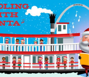 Cartoonish depiction of Santa singing on the Tom Sawyer riverboat with a group of children under the Gateway Arch