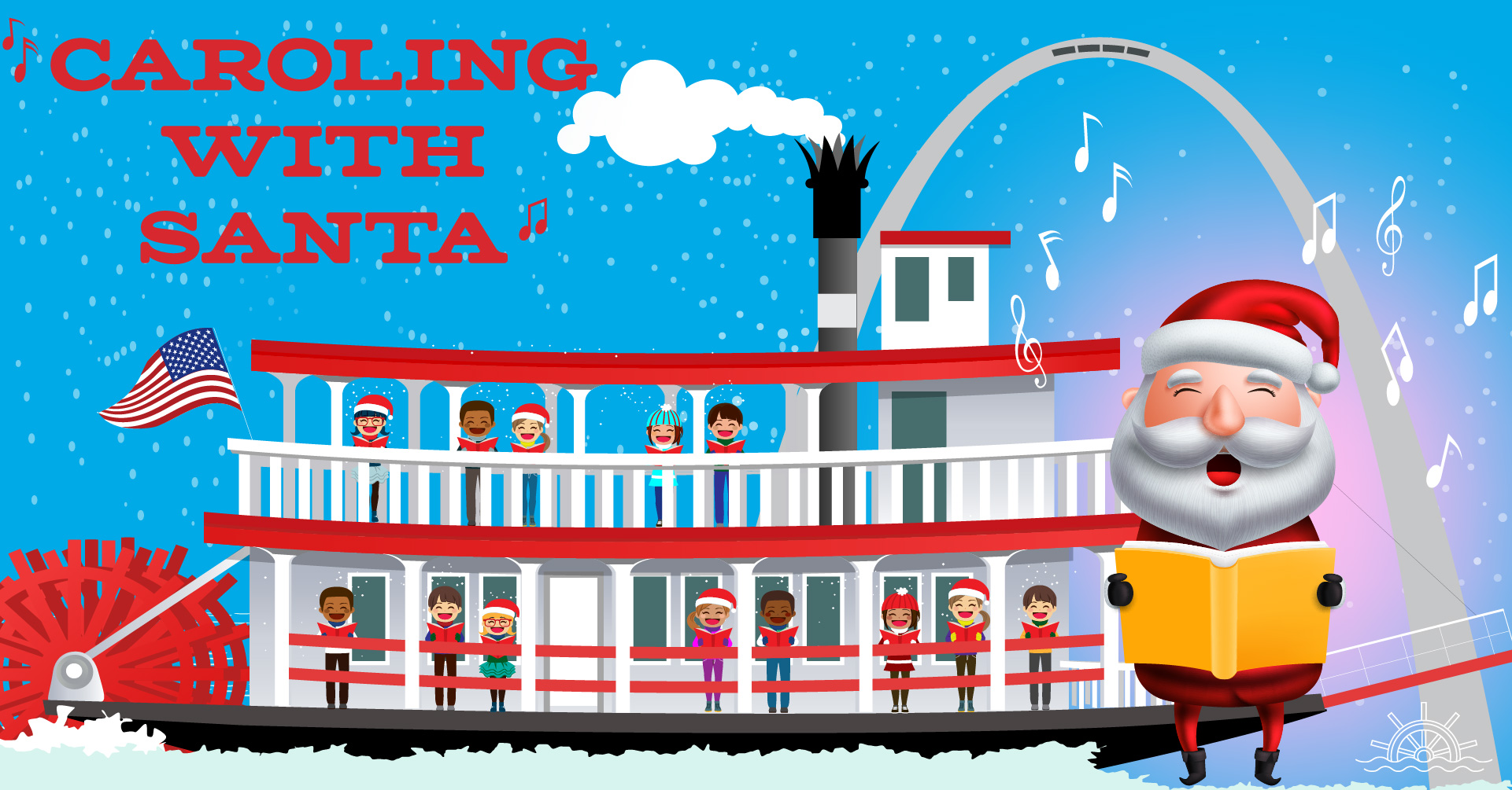 Cartoonish depiction of Santa singing on the Tom Sawyer riverboat with a group of children under the Gateway Arch