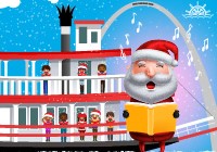 Cartoonish depiction of Santa singing on the Tom Sawyer riverboat with a group of children under the Gateway Arch