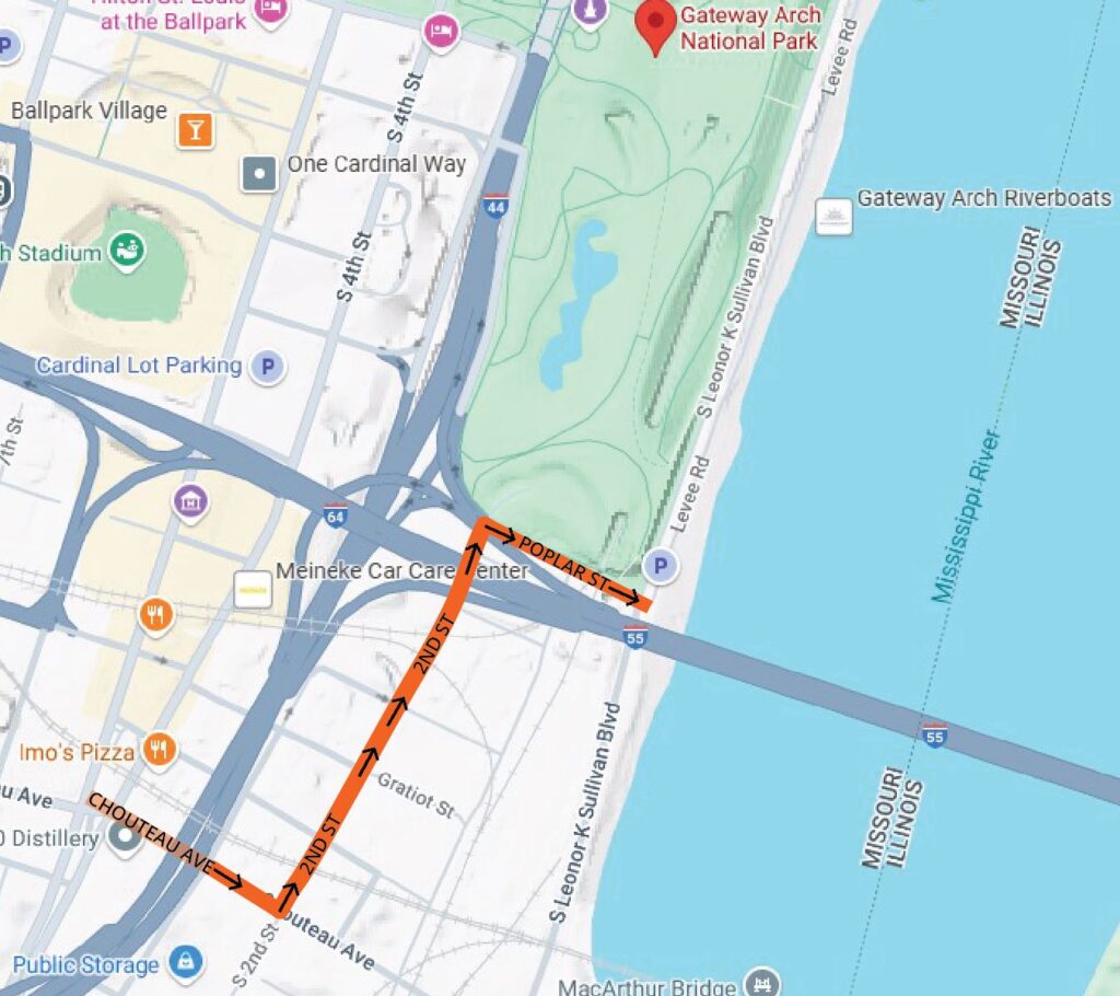 Google Map showing detour directions to get to St. Louis Riverfront Parking