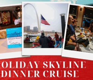 Polaroid style images of the Riverboats at the Gateway Arch decorated for a Holiday Skyline Dinner Cruise