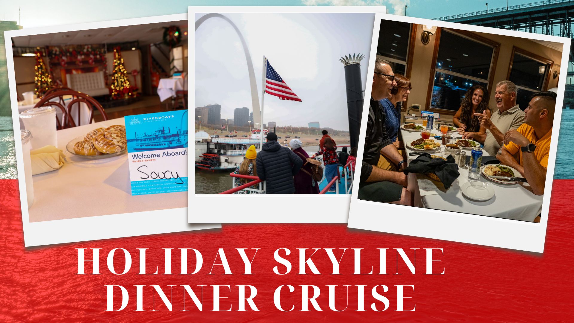 Polaroid style images of the Riverboats at the Gateway Arch decorated for a Holiday Skyline Dinner Cruise